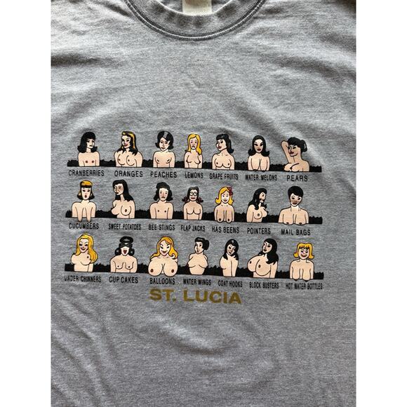 Vintage St Lucia Shirt Graphic Cartoon Boobs Fruit Tee Gray L Adult Humor Sex - Picture 2 of 8